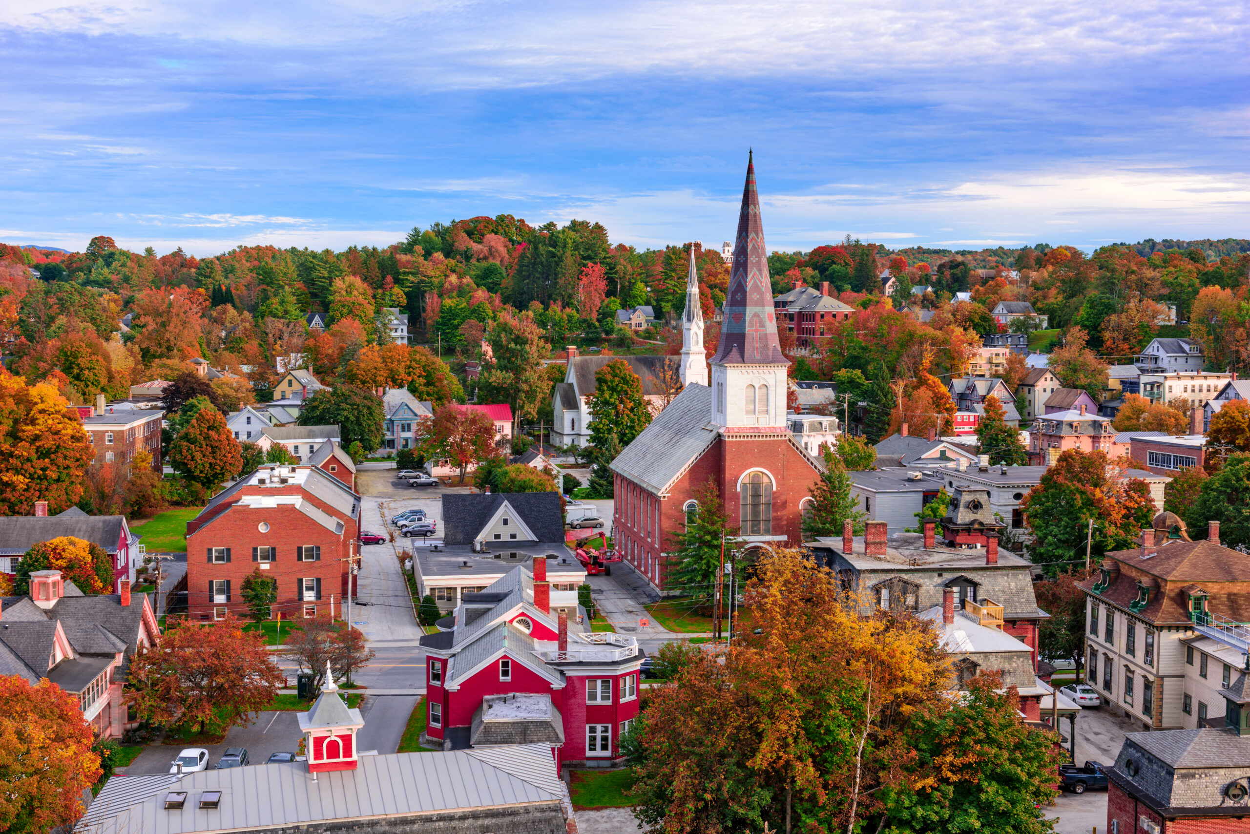 A small town with fall foliage.
