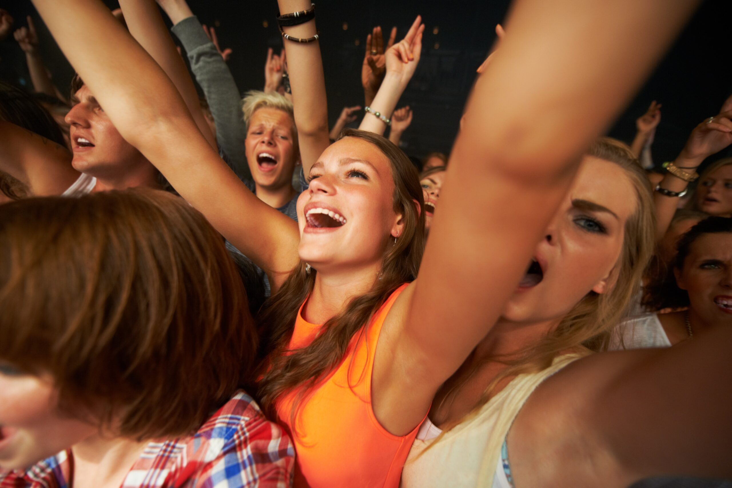 A group of teenagers dancing at a music concert.