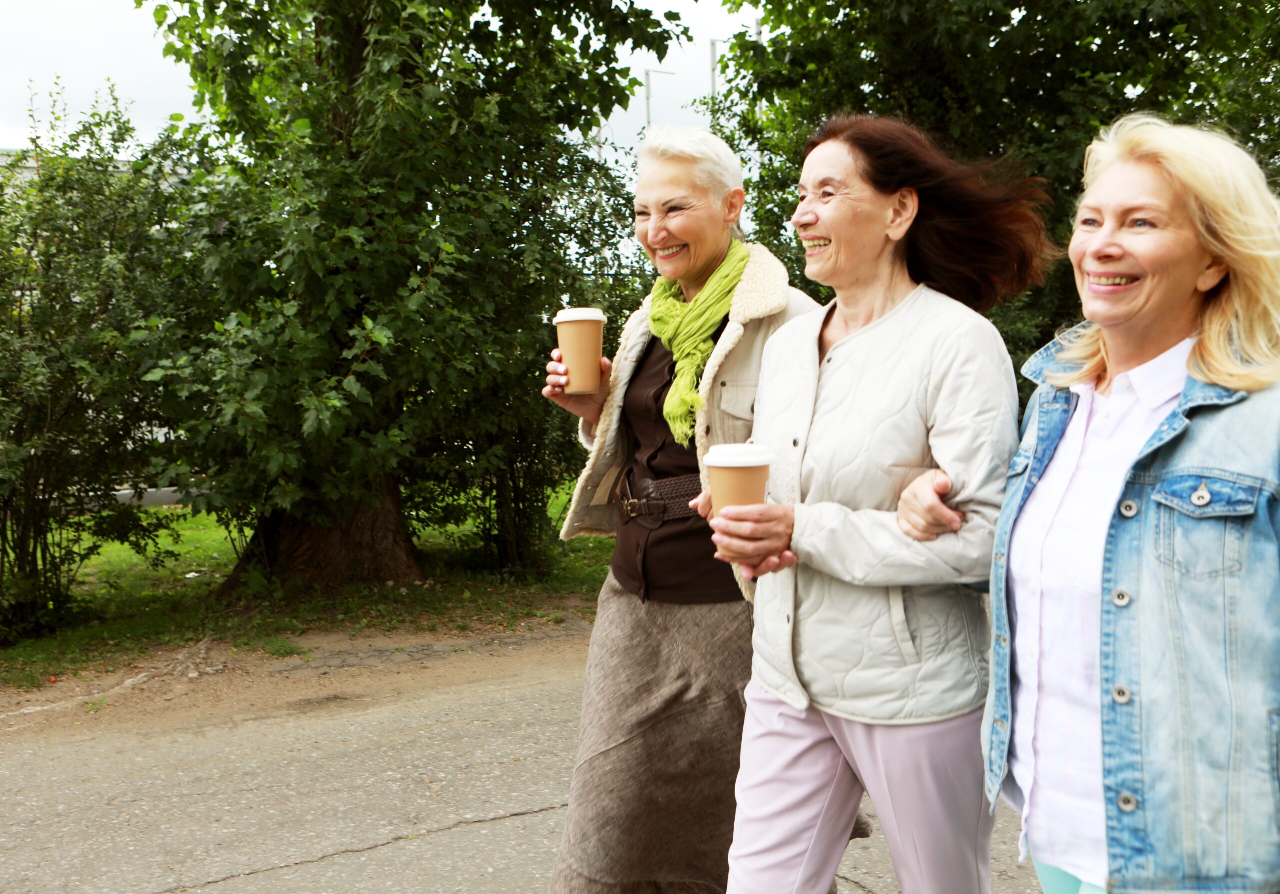 Three senior women walking together in the park.