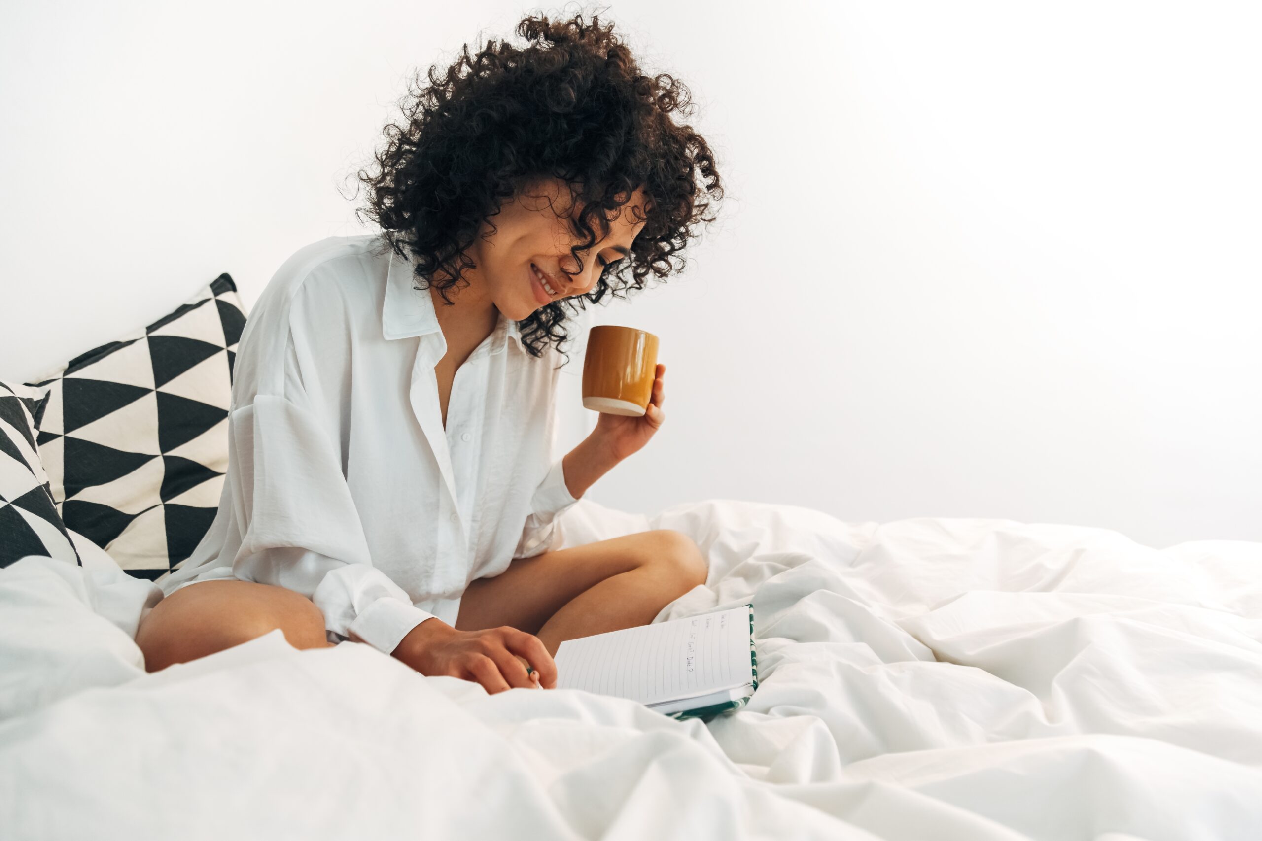 A woman starting her day with a daily routine.