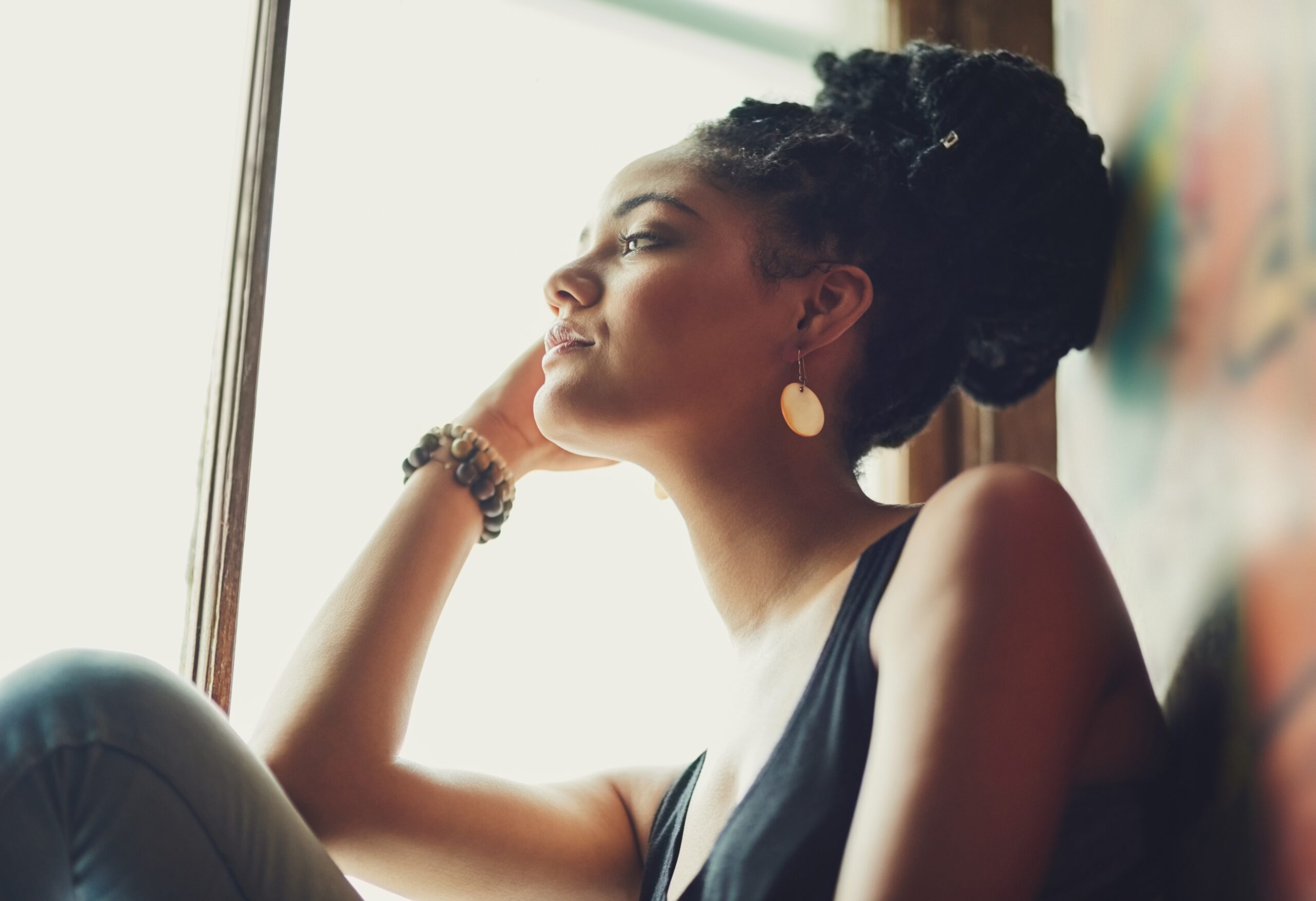 Woman showing very little emotion on her face.