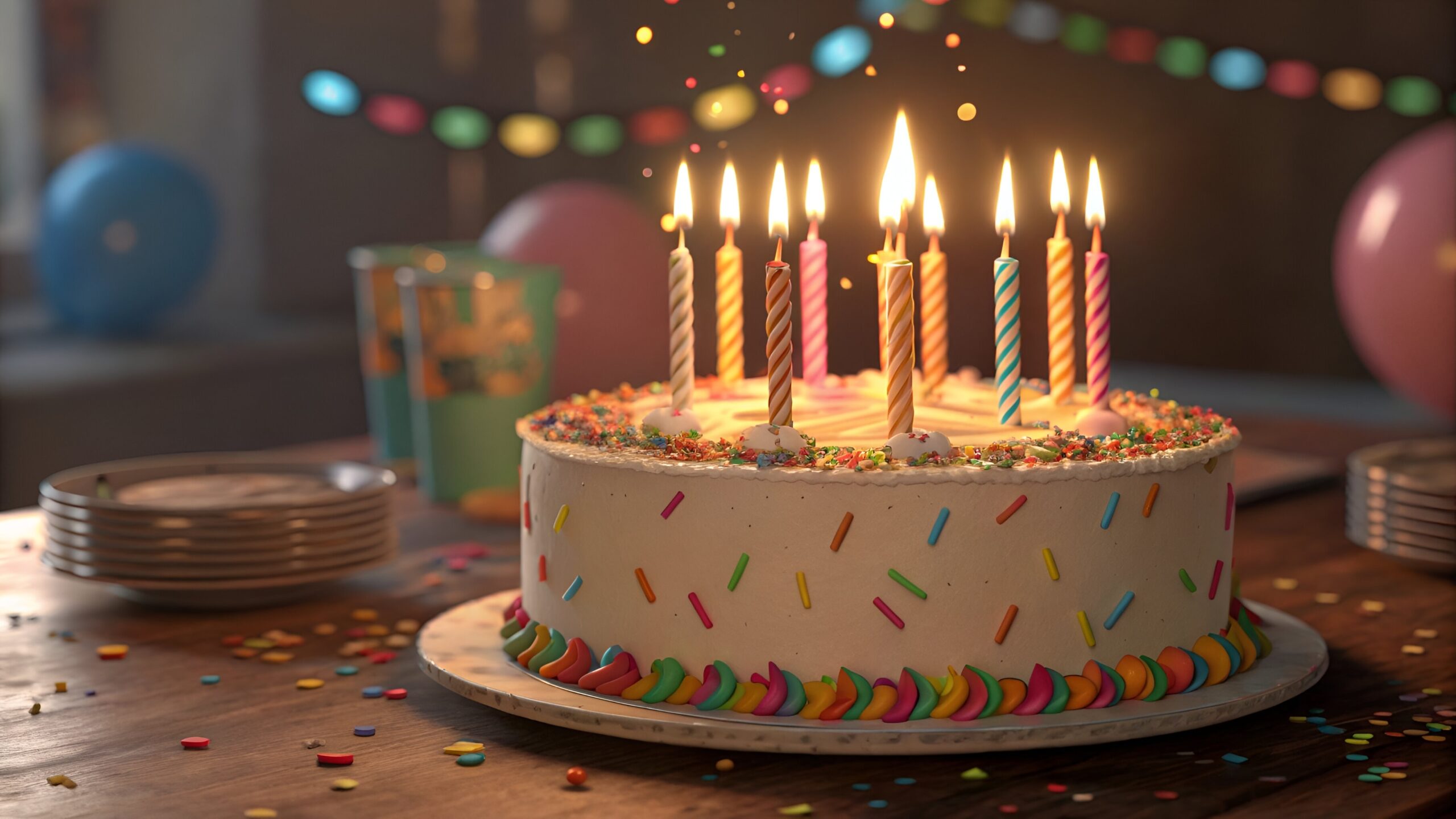 A birthday cake with lit candles waiting to be blown out.