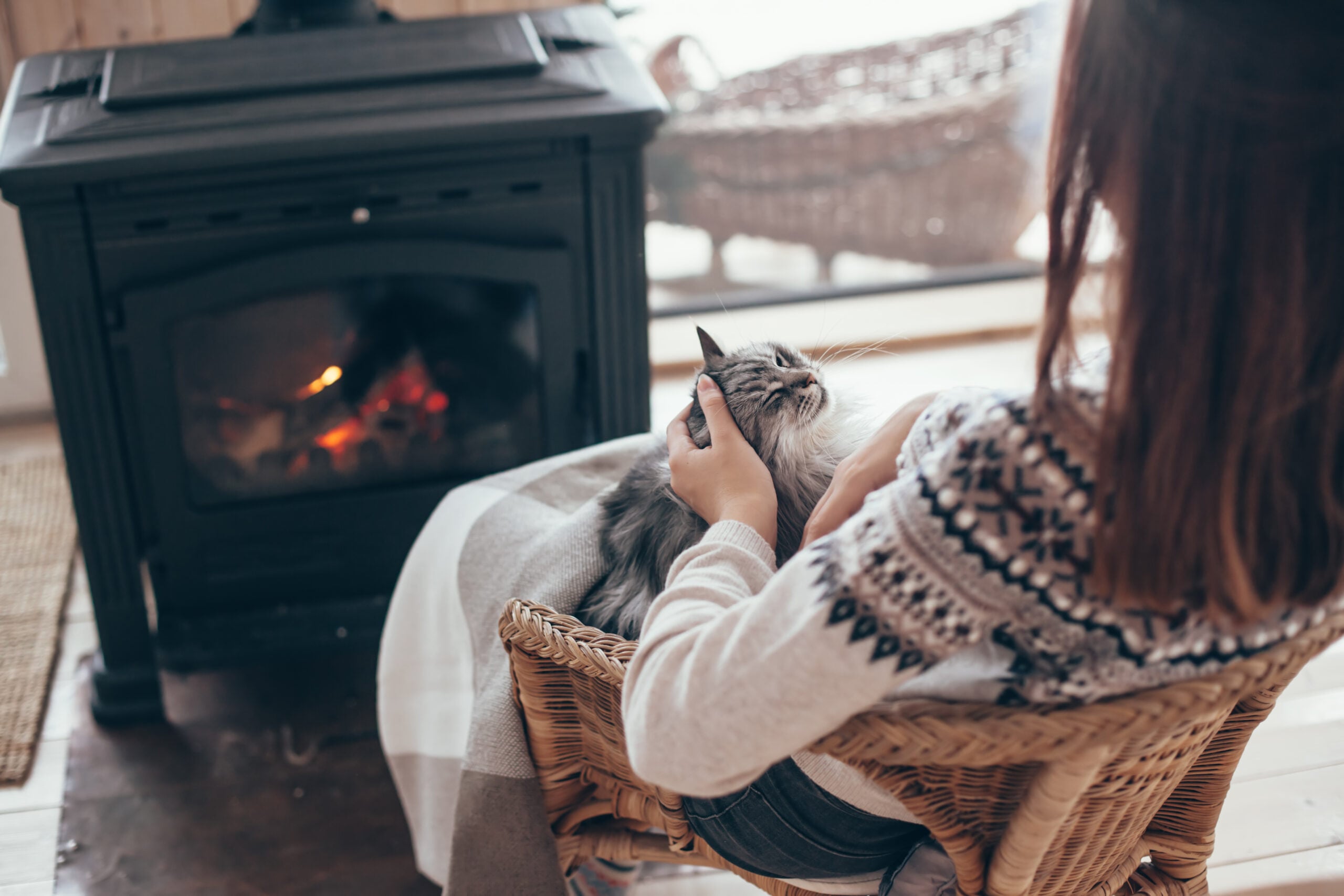 A woman with her cat relaxing by the fire.