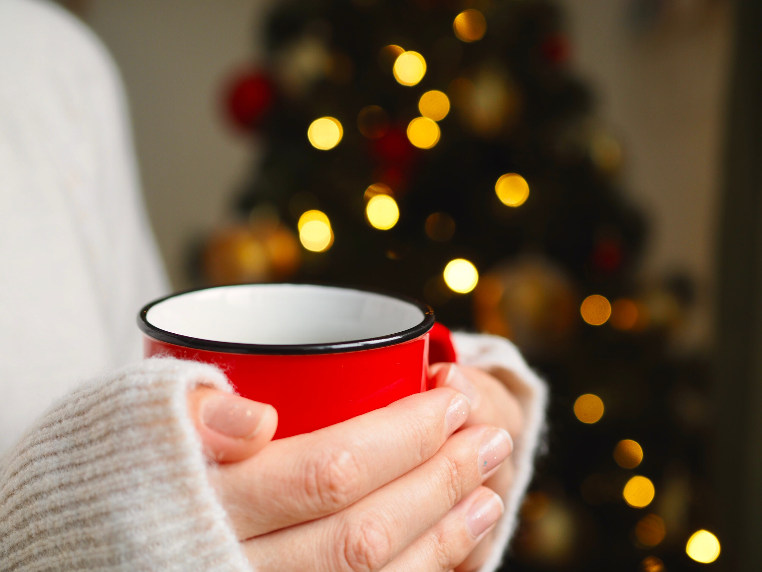 A woman alone having tea after her Christmas guests have left.
