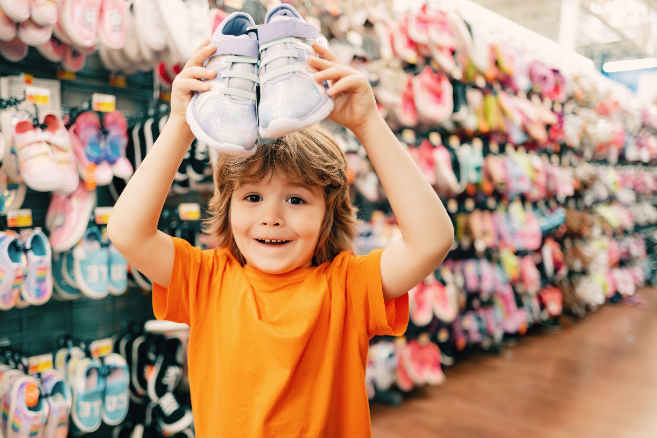 A young boy shopping for shoes at the bargain store.