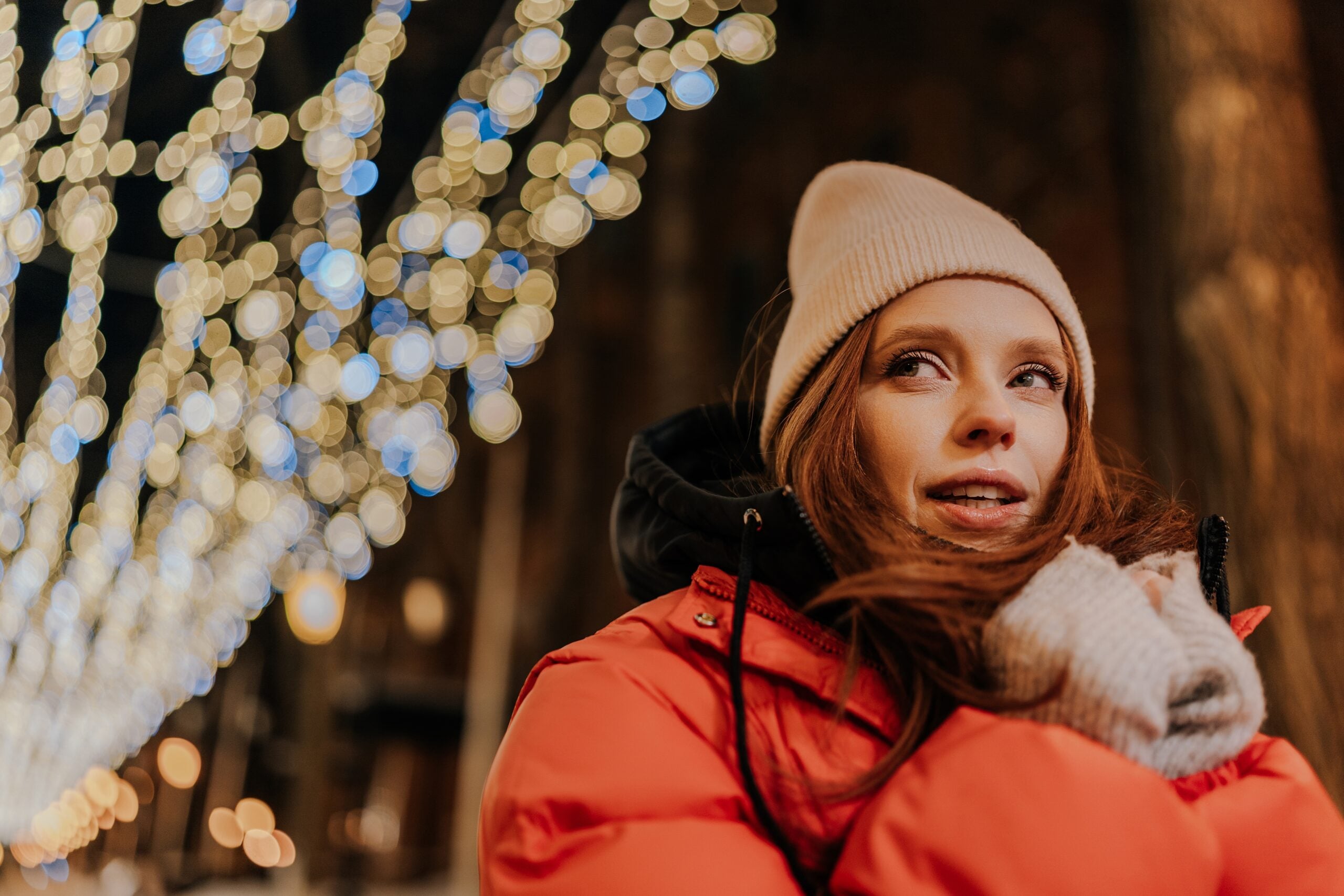 A content woman out on a solo winter walk.