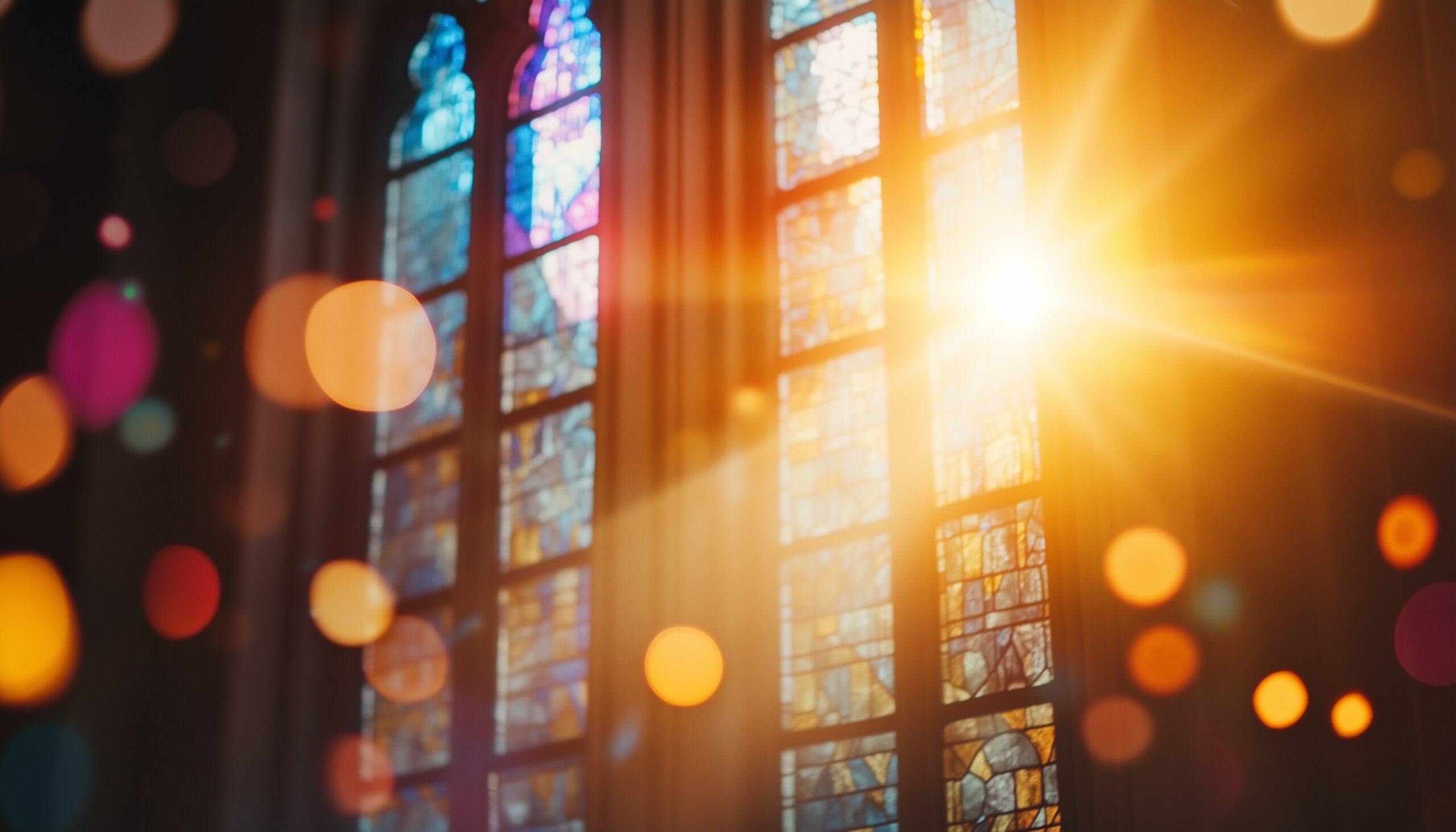 Sun shining the stained glass of church windows.