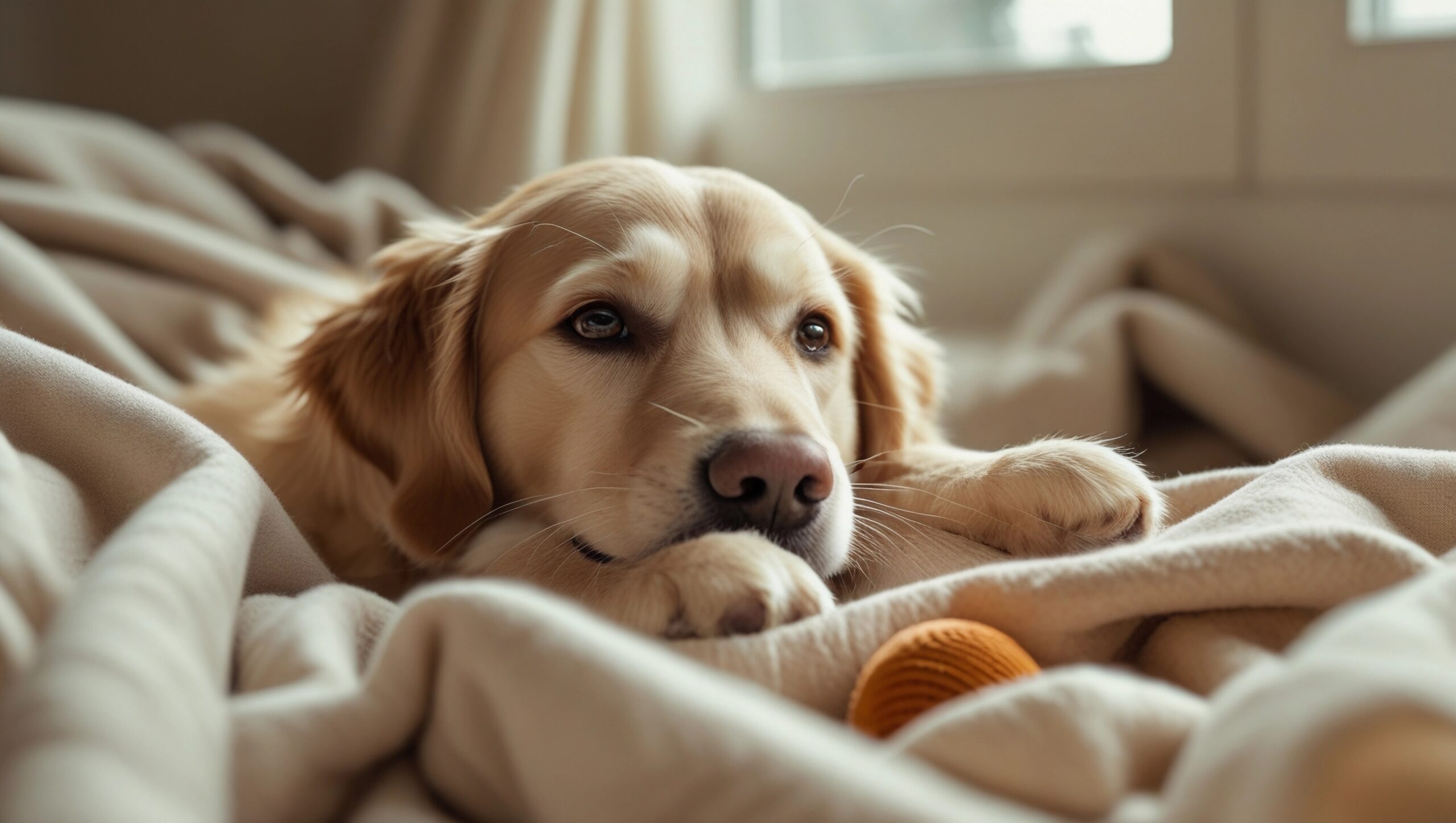 A Golden Retriever puppy lying on a comfortable blanket.