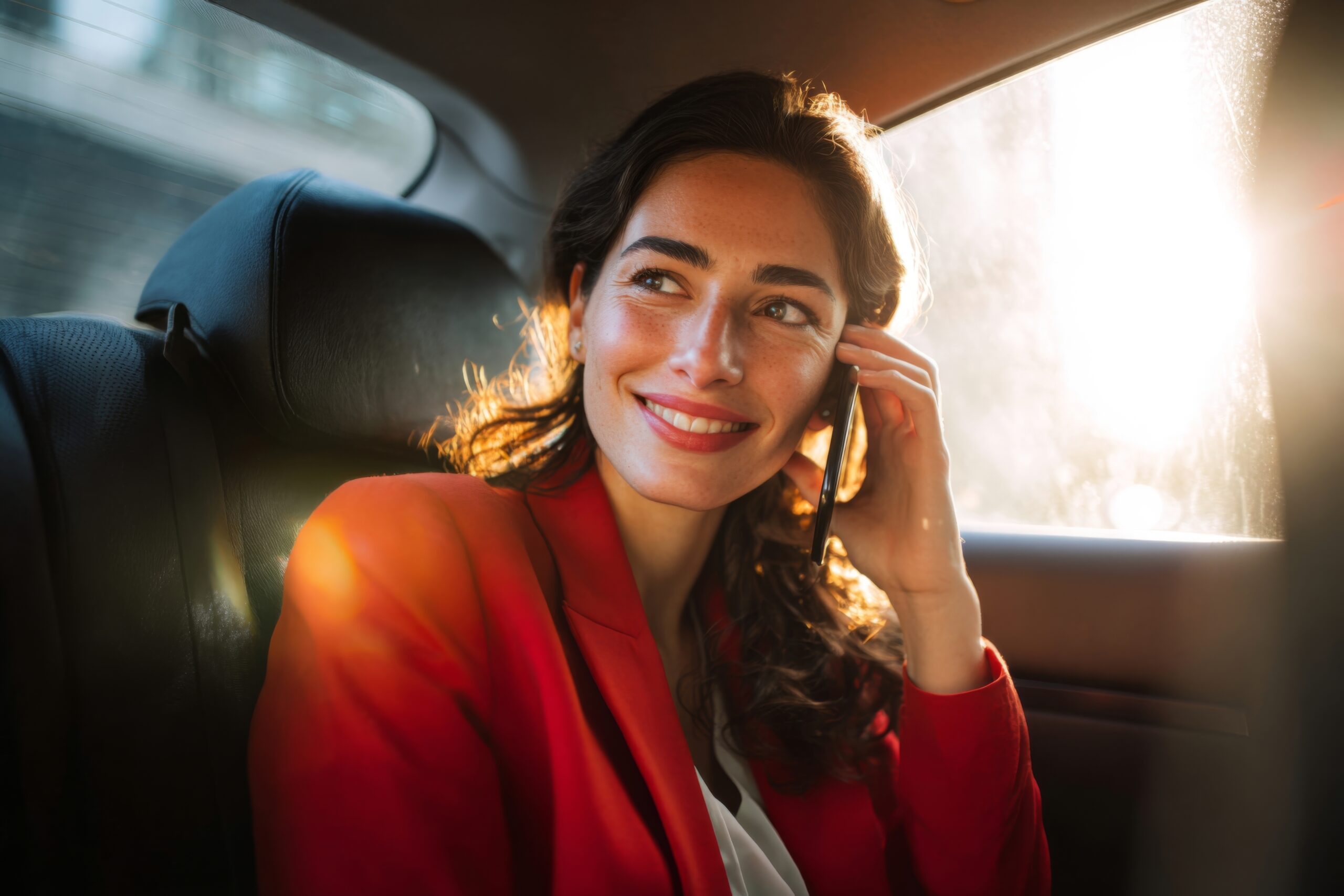 An independent woman in her car on the phone.