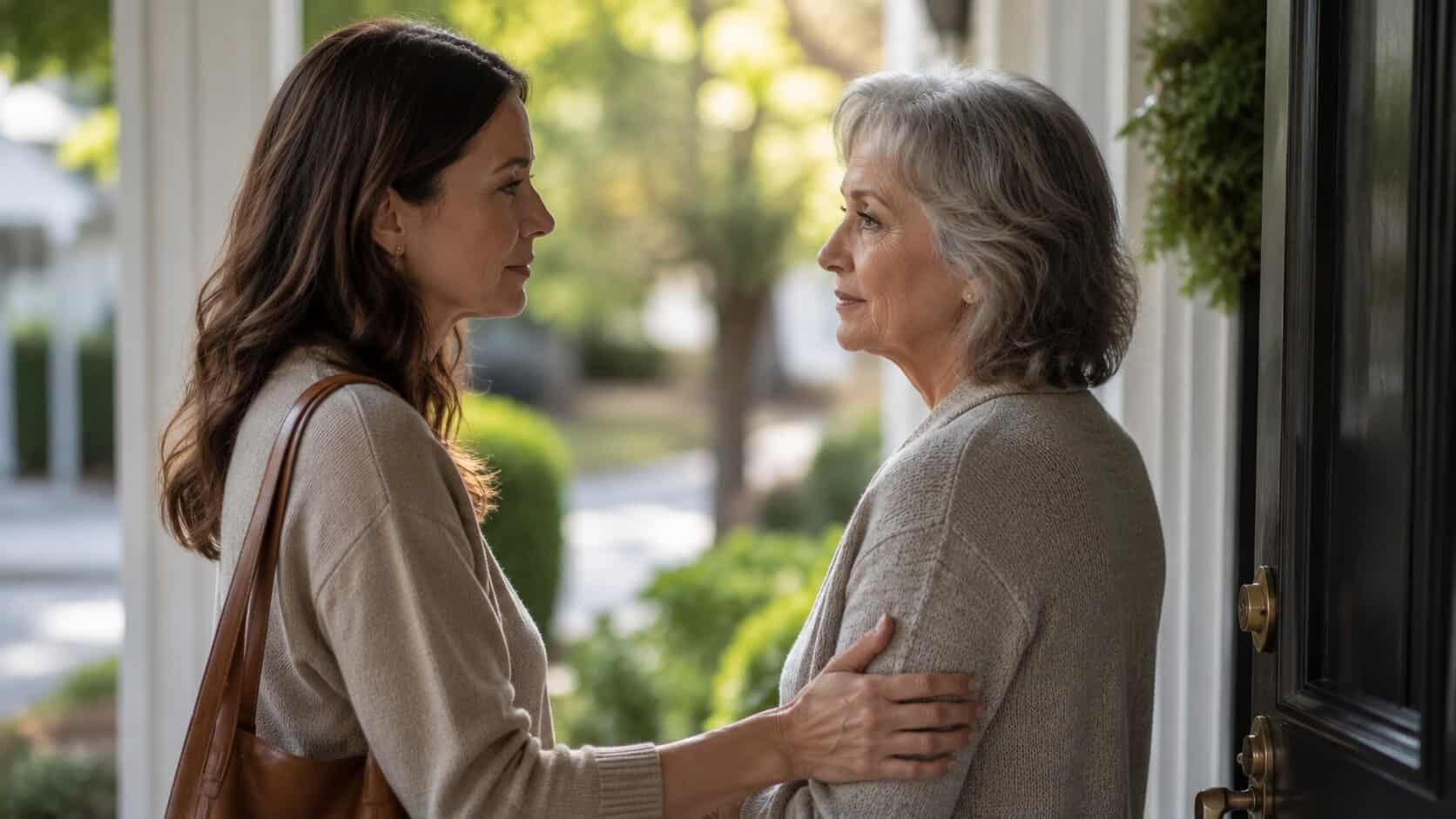 Adult daughter gently touching her elderly mother's arm while saying goodbye at the front door of her home during a quiet, emotional moment