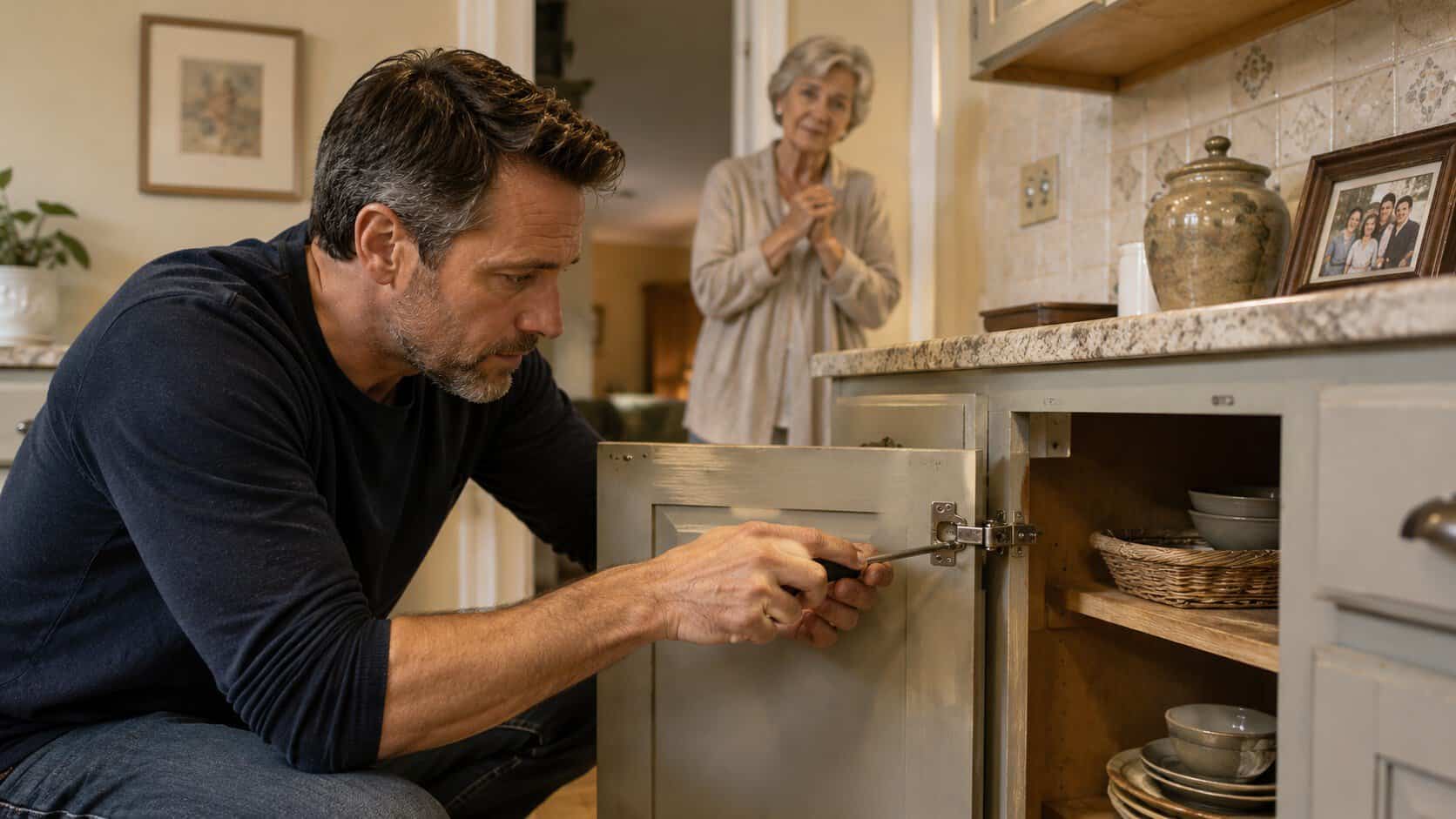 I’m 48 and I’ve started noticing that when I visit my aging parents, I spend the first hour quietly fixing things around their house without them asking—and I think it’s because fixing their cabinet doors is easier than acknowledging they can’t do it anymore.