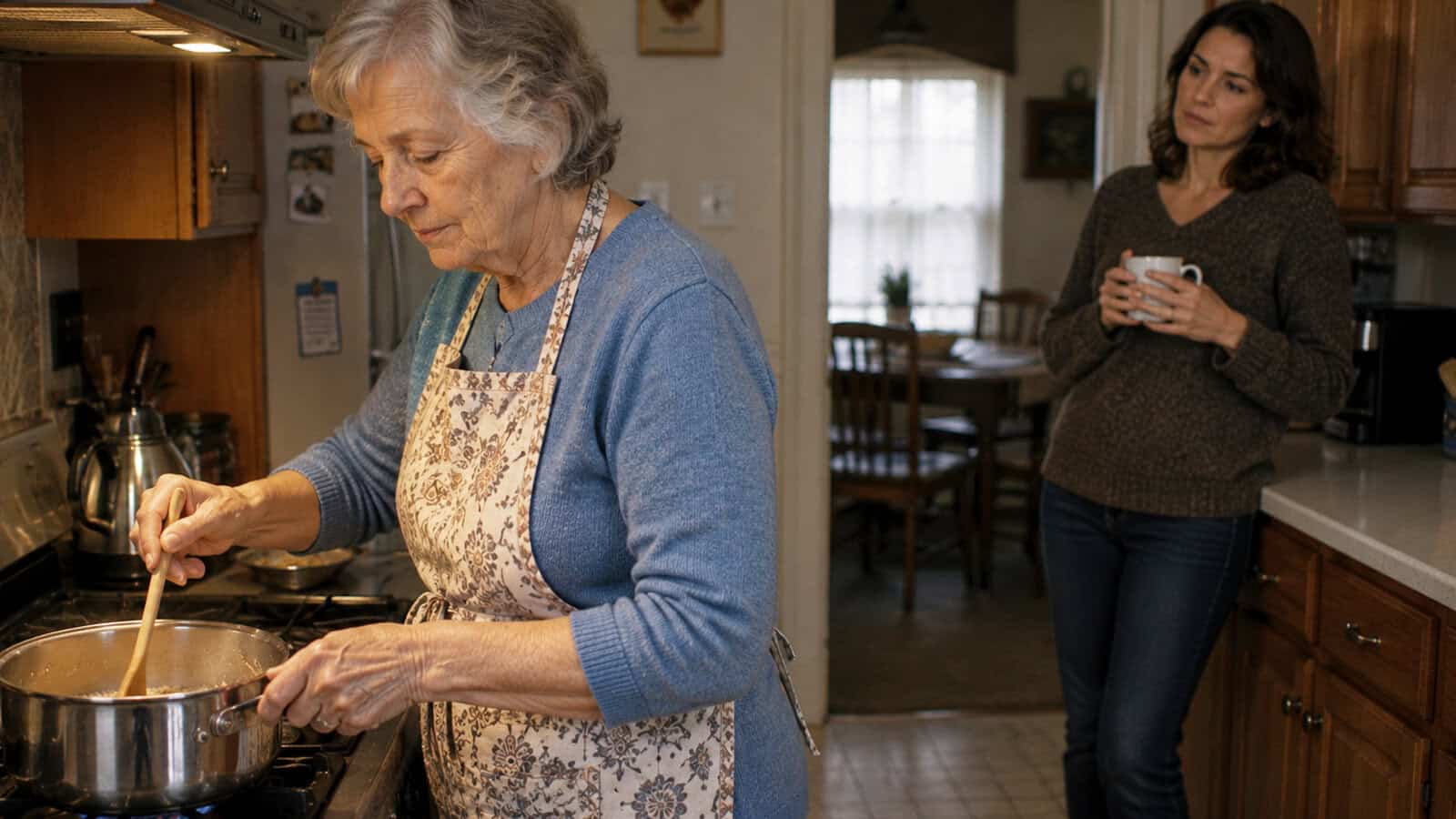 Mom cooking while daughter watches from the background.
