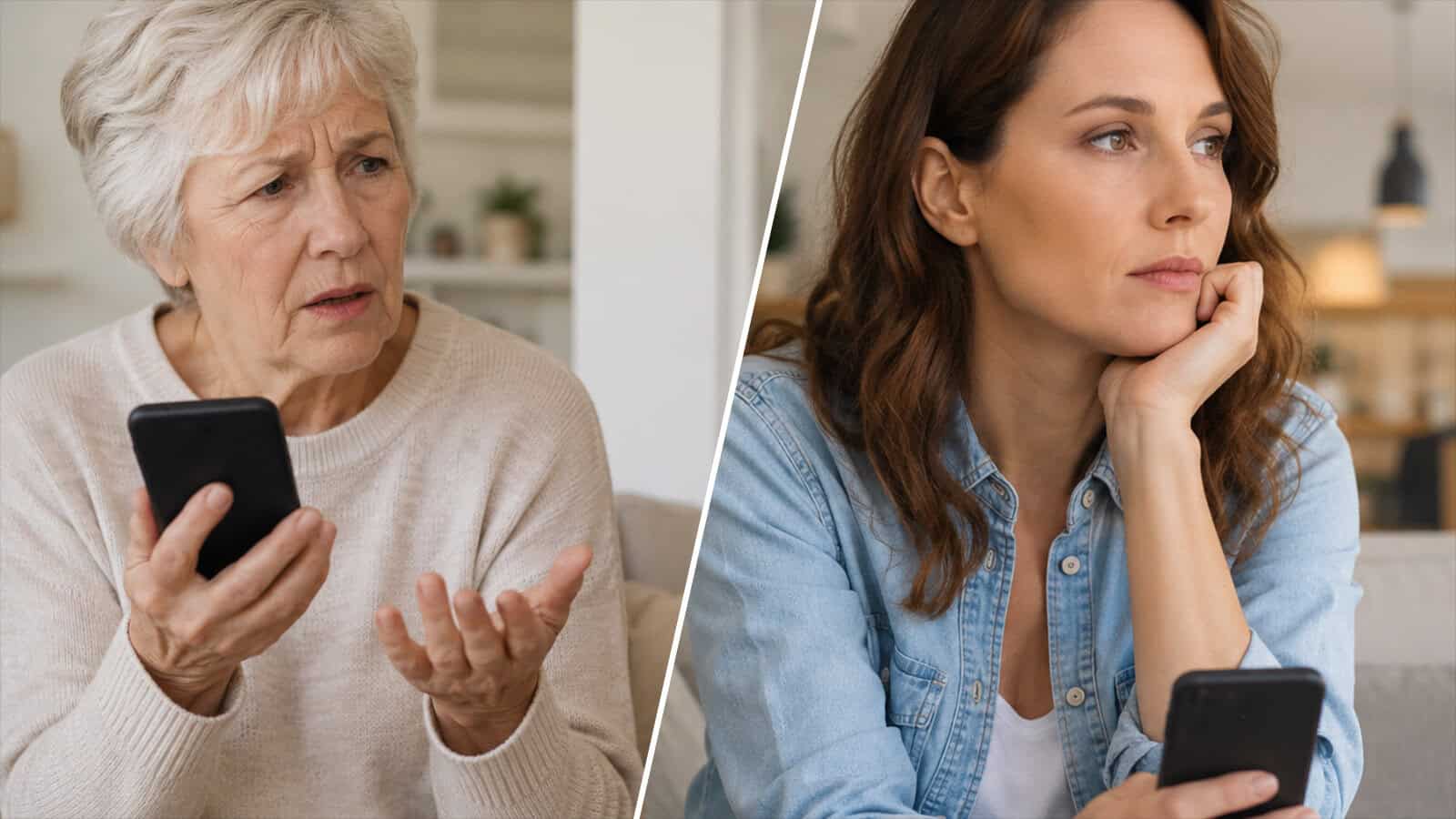 Split-screen image of an older woman in a beige sweater looking concerned while holding a phone, and a younger woman in a denim shirt looking thoughtful, also holding a phone, both indoors.