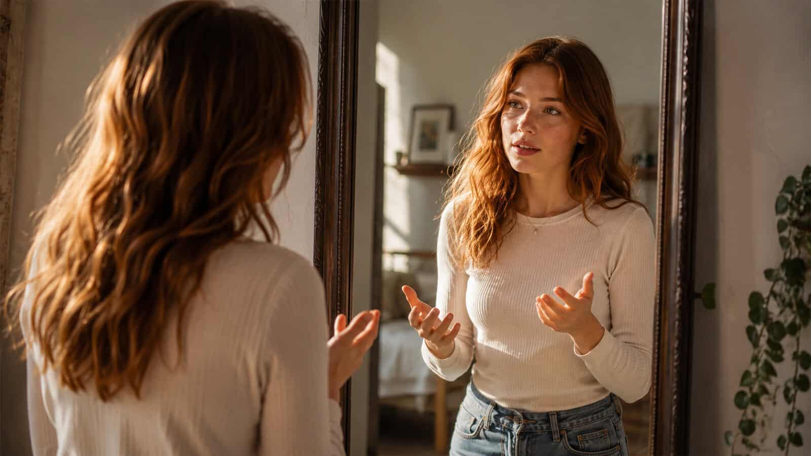 A woman with long, wavy hair and a light-colored top stands in front of a mirror, gesturing with her hands as she talk to themselves in a warmly lit room.
