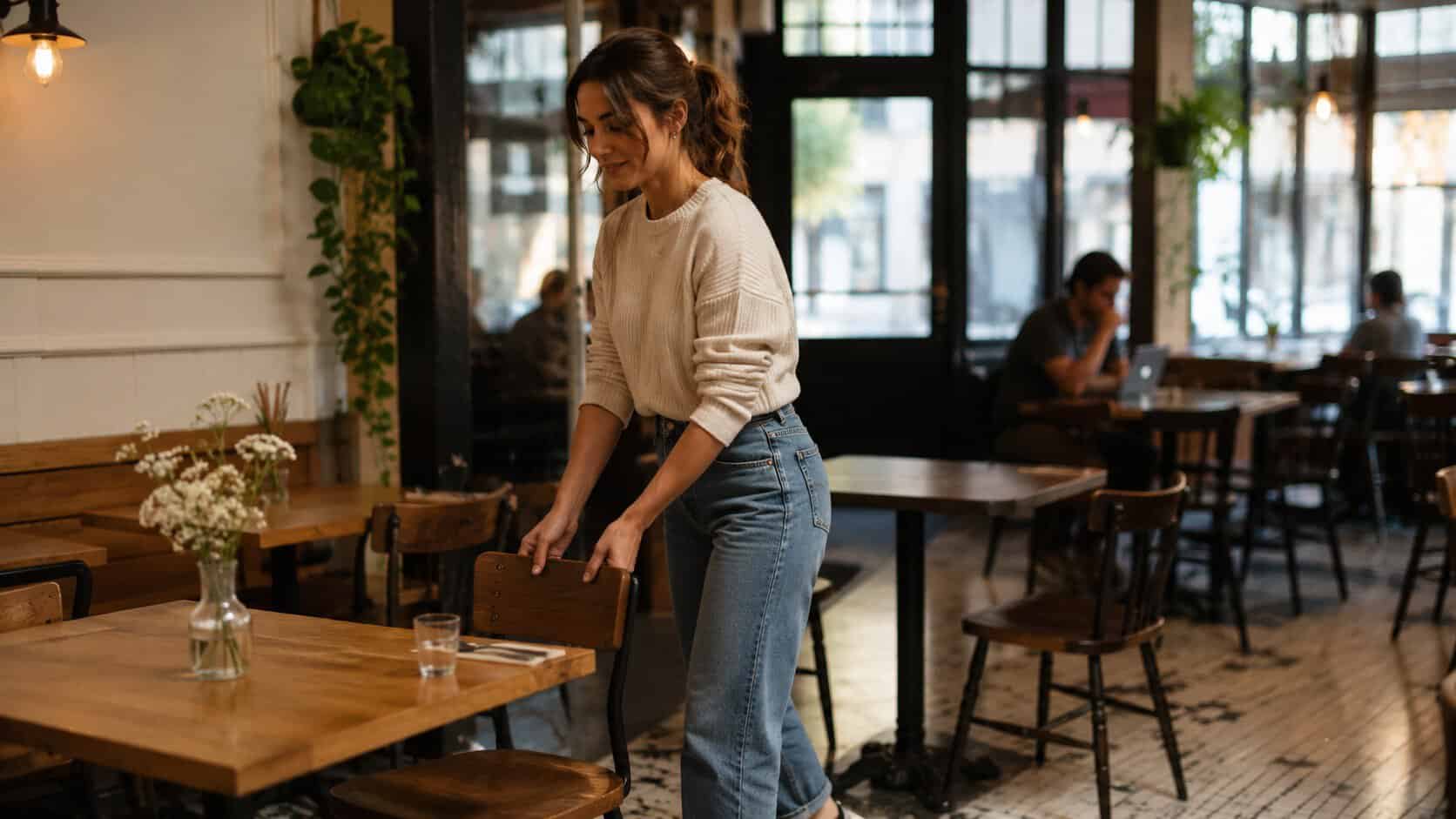 A woman in a casual sweater and jeans arranges a chair at a wooden table in a cozy café, with flowers in a vase beside her—capturing the small habits that shape our daily relationships, while others work quietly in the background.