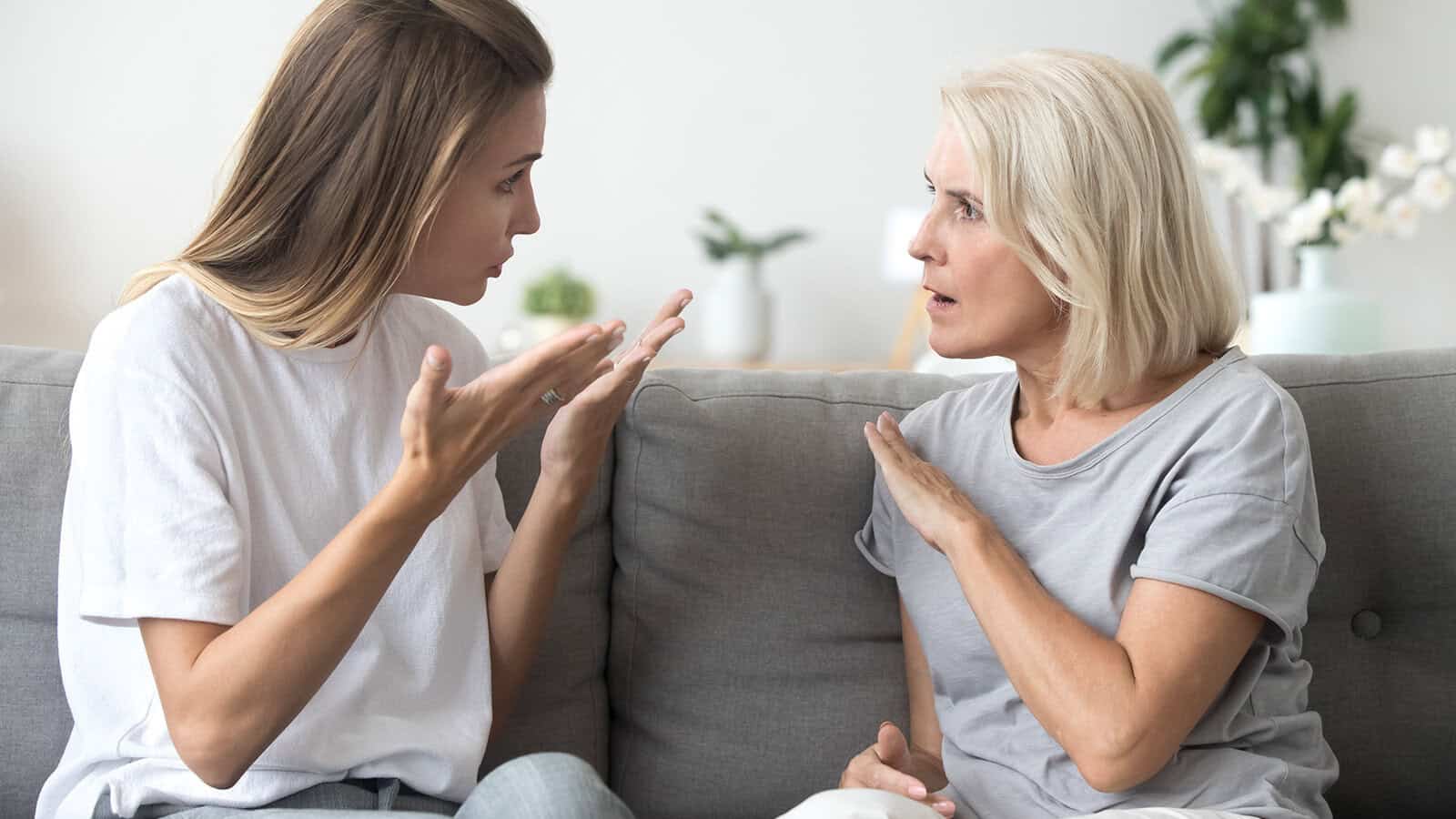 Two women sit on a couch having an intense conversation, both gesturing and appearing upset, highlighting the complexities of family relationships. The background is bright with decorative plants and vases.