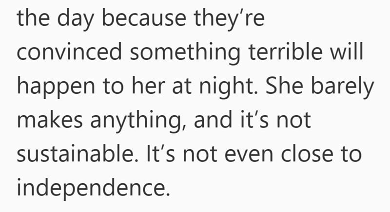 A cropped excerpt of text discussing an adult daughter living with parents, monitored due to fears for her safety at night, noting she earns little and lacks independence.