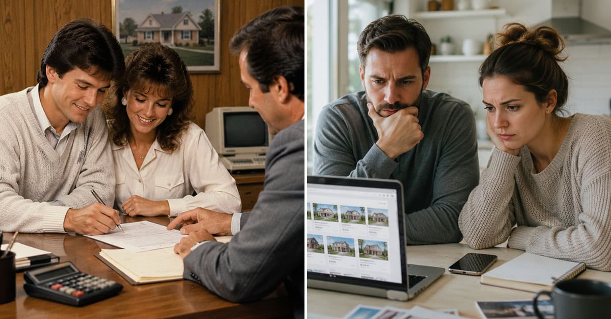 A split image: on the left, millennial couple signs documents with a professional at a desk; on the right, a couple looks concerned while viewing house listings on a laptop at home.