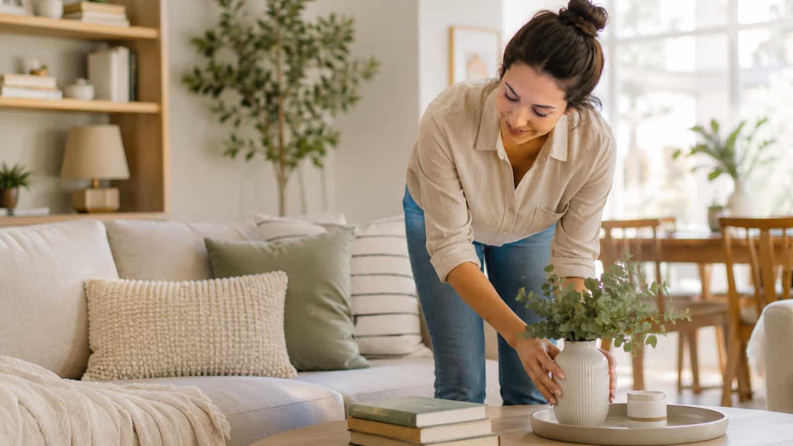 Woman arranging a vase with green leaves on a wooden coffee table in a bright, cozy living room with a sofa, cushions, books, and indoor plants.