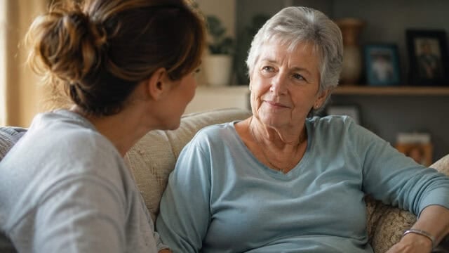 An older woman with short gray hair and a younger woman with brown hair sit on a couch, facing each other and having a thoughtful conversation in a cozy living room.