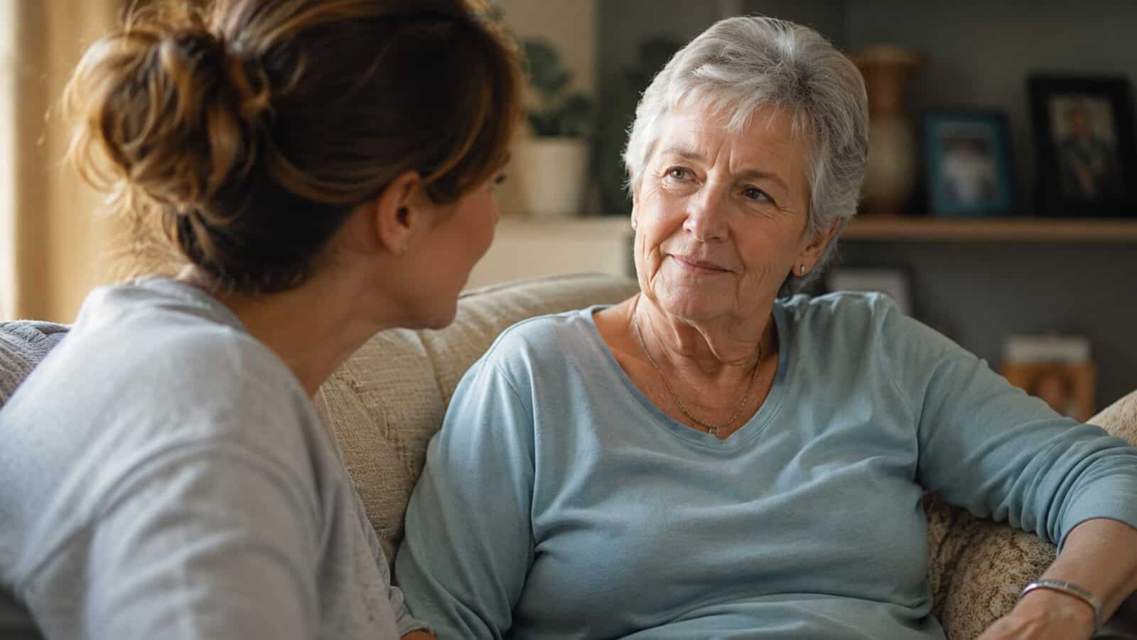 An older woman with short gray hair and a younger woman with brown hair sit on a couch, facing each other and having a thoughtful conversation in a cozy living room.