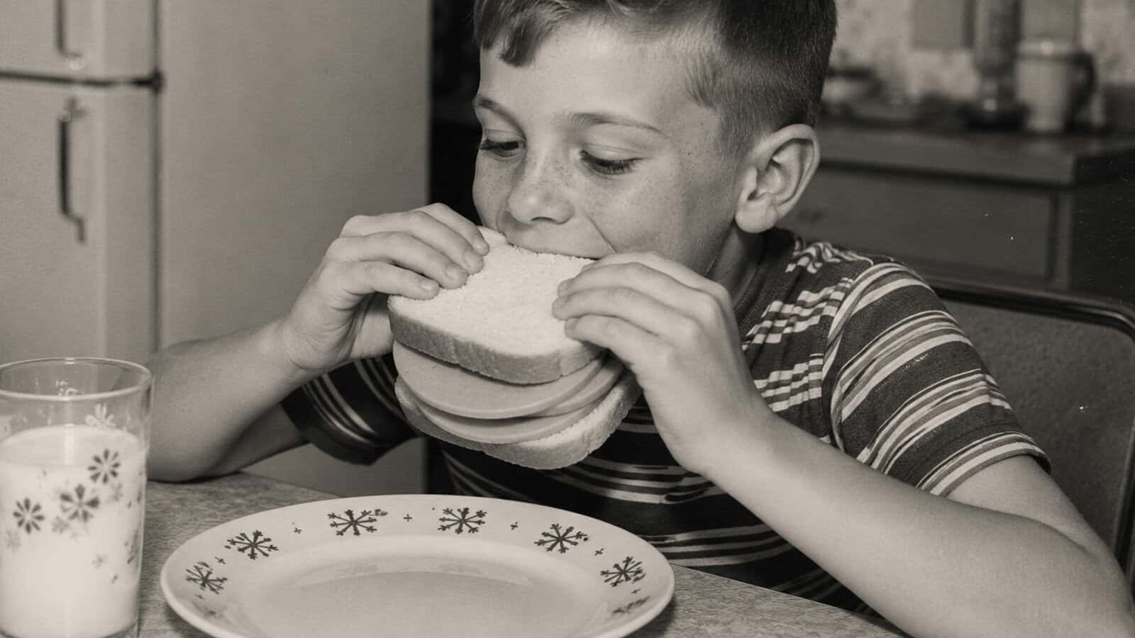A young boy in a striped shirt eats a sandwich at a table with an empty plate and a glass of milk. The photo is in black and white, giving it a vintage feel that echoes the vintage eating habits and retro foods of the 60s and 70s.