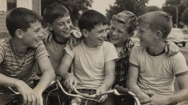Five boys sit close together outside, smiling and laughing. Two boys sit on bicycles, while the others have their arms around each other in a friendly, cheerful moment. The photo is black and white.