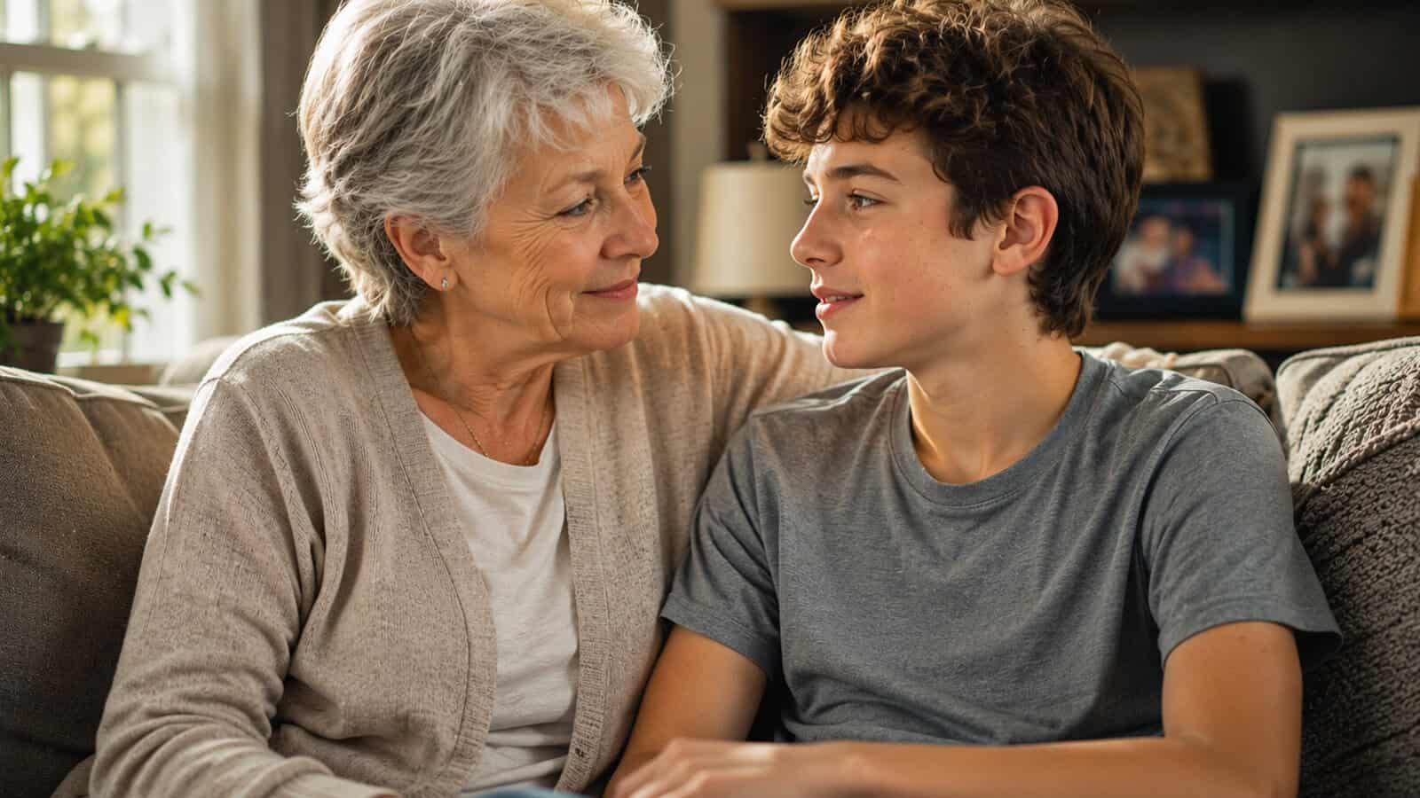 An older woman with gray hair and a beige sweater sits on a couch, smiling warmly at a teenage boy with curly brown hair and a gray t-shirt. They look at each other affectionately in a cozy living room.