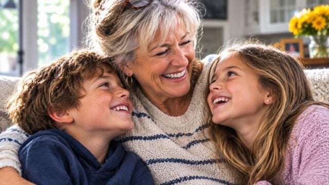 An older woman smiles and hugs two children, a boy and a girl, on a couch. All three look happy and are looking at each other. Sunflowers in a vase are visible in the background.