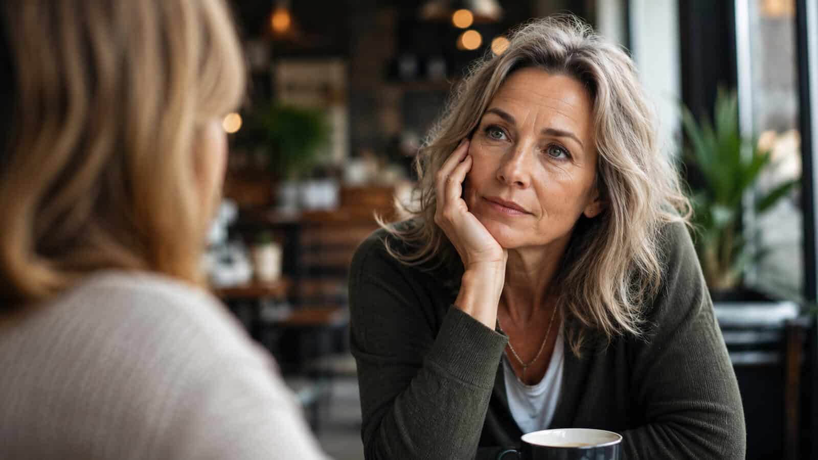 A woman with gray hair rests her chin on her hand, listening attentively to another person in a cozy café setting with warm lighting and blurred background details.