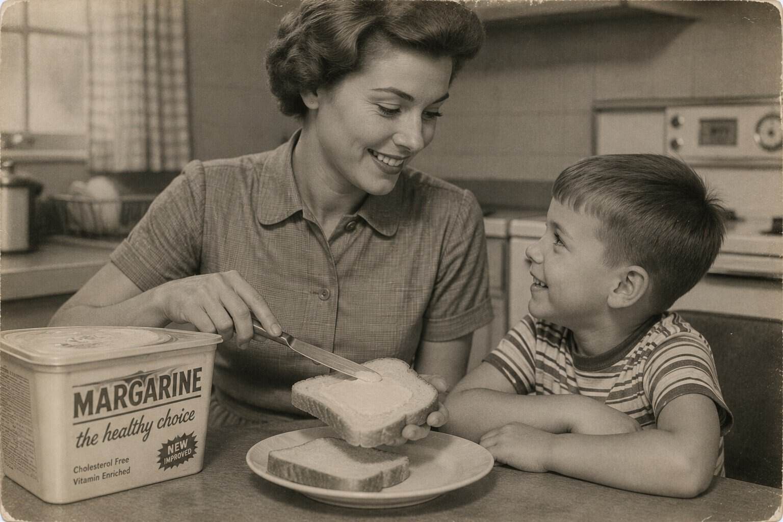 A woman spreads margarine on bread for a smiling young boy in a vintage kitchen, capturing the essence of classic 70s food. A large margarine container sits on the table, completing this nostalgic scene.