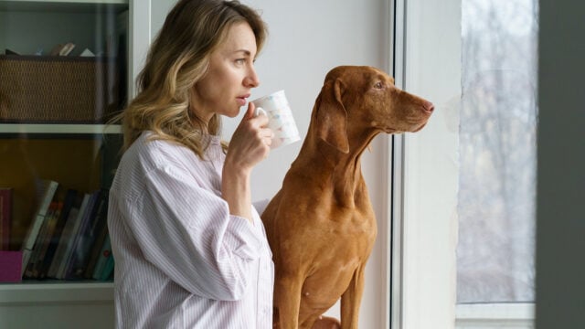 A woman in a striped shirt drinks from a mug while standing by a window with a brown dog. Both look outside, appearing calm and thoughtful.