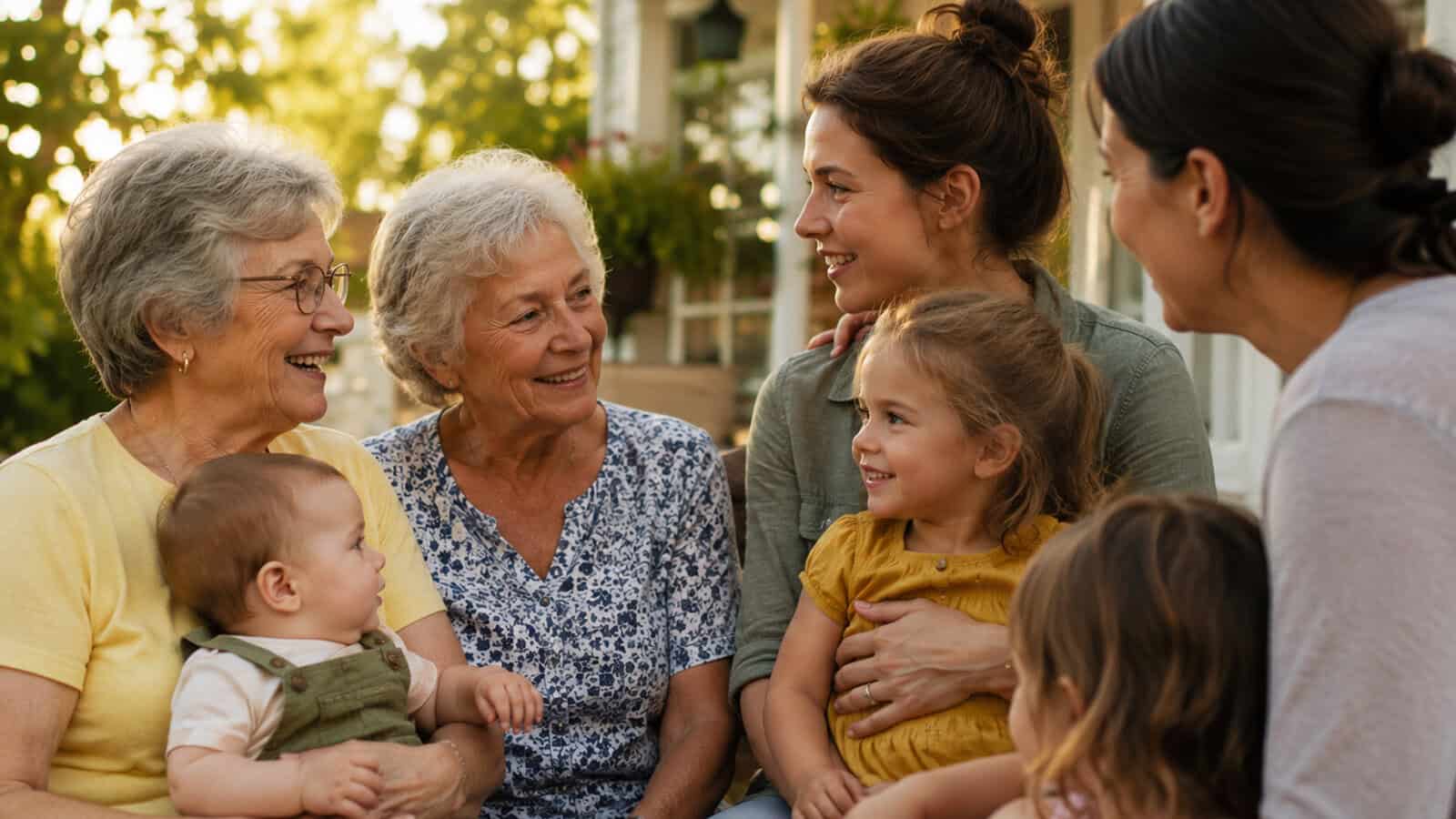 A group of women and children of different ages sit together outdoors, smiling and talking, with greenery in the background.