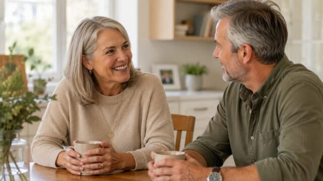 A smiling middle-aged woman and man sit at a kitchen table, facing each other and holding mugs. They appear to be having an enjoyable conversation in a bright, cozy home.