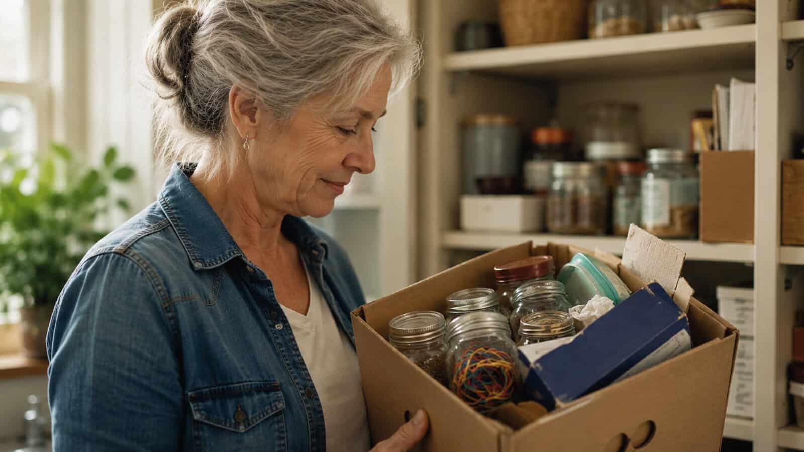A woman with gray hair holds a cardboard box filled with jars and miscellaneous items, standing in front of shelves stocked with containers in a cozy, sunlit room.