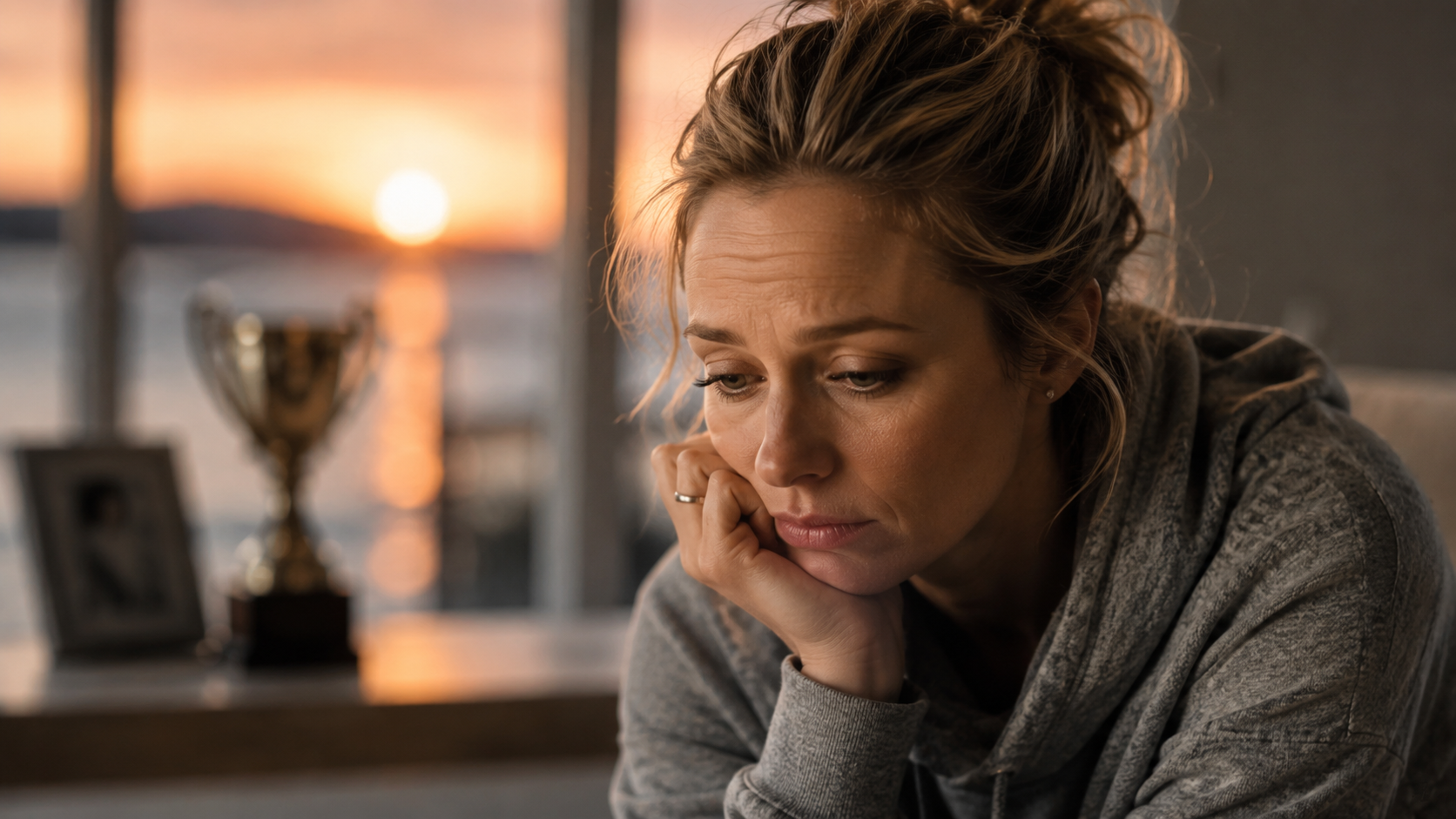 A woman in a gray hoodie looks thoughtful and sad, resting her head on her hand indoors at sunset. A trophy and a framed photo are visible in the blurred background by a window.