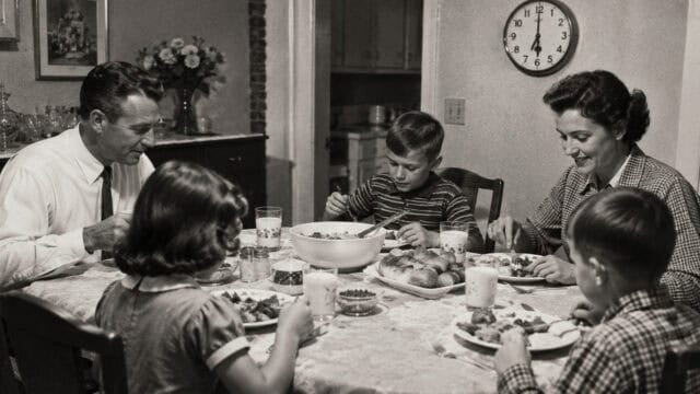 A family of five sits around a dinner table, eating together. The table is set with plates, glasses of milk, and a bowl of food. A clock on the wall shows 6:00. The scene is in black and white.