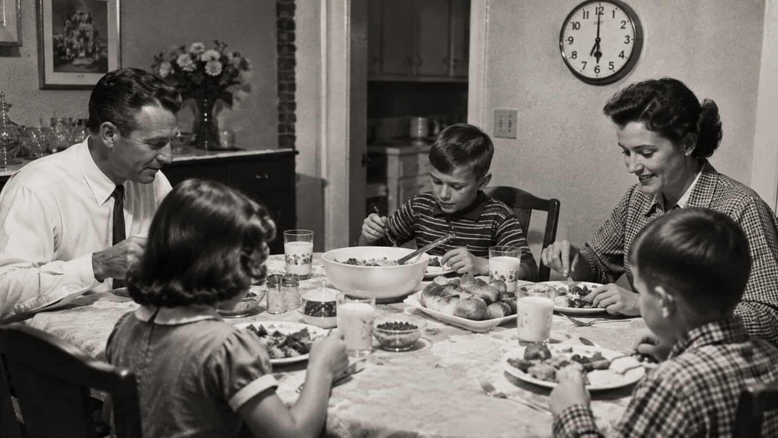 A family of five sits around a dinner table, eating together. The table is set with plates, glasses of milk, and a bowl of food. A clock on the wall shows 6:00. The scene is in black and white.