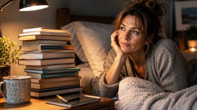 A woman in a robe sits in bed, leaning on her hand and looking thoughtfully at a tall stack of books on a bedside table, with a lamp, mug, and notepad nearby.