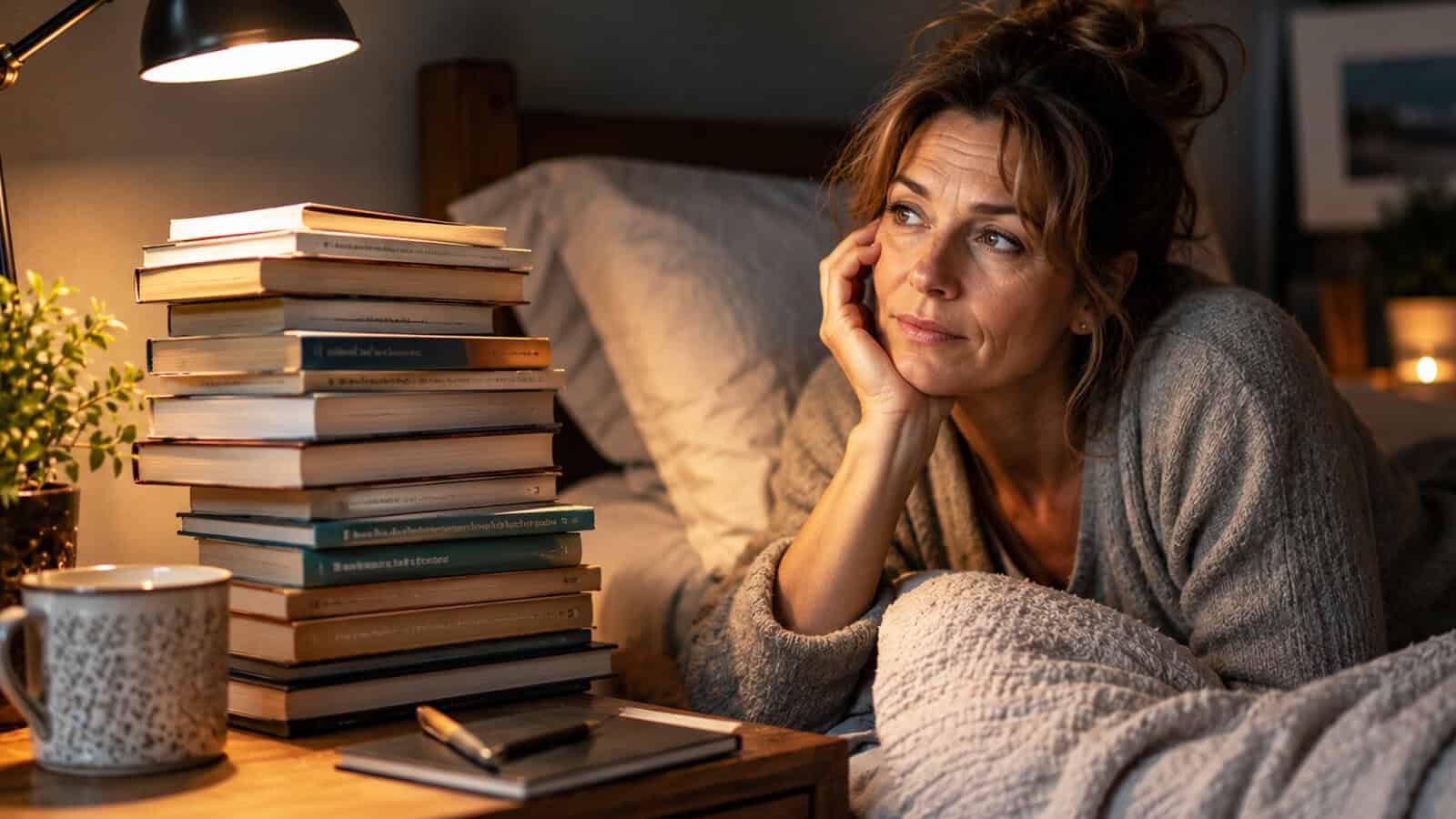 A woman in a robe sits in bed, leaning on her hand and looking thoughtfully at a tall stack of books on a bedside table, with a lamp, mug, and notepad nearby.