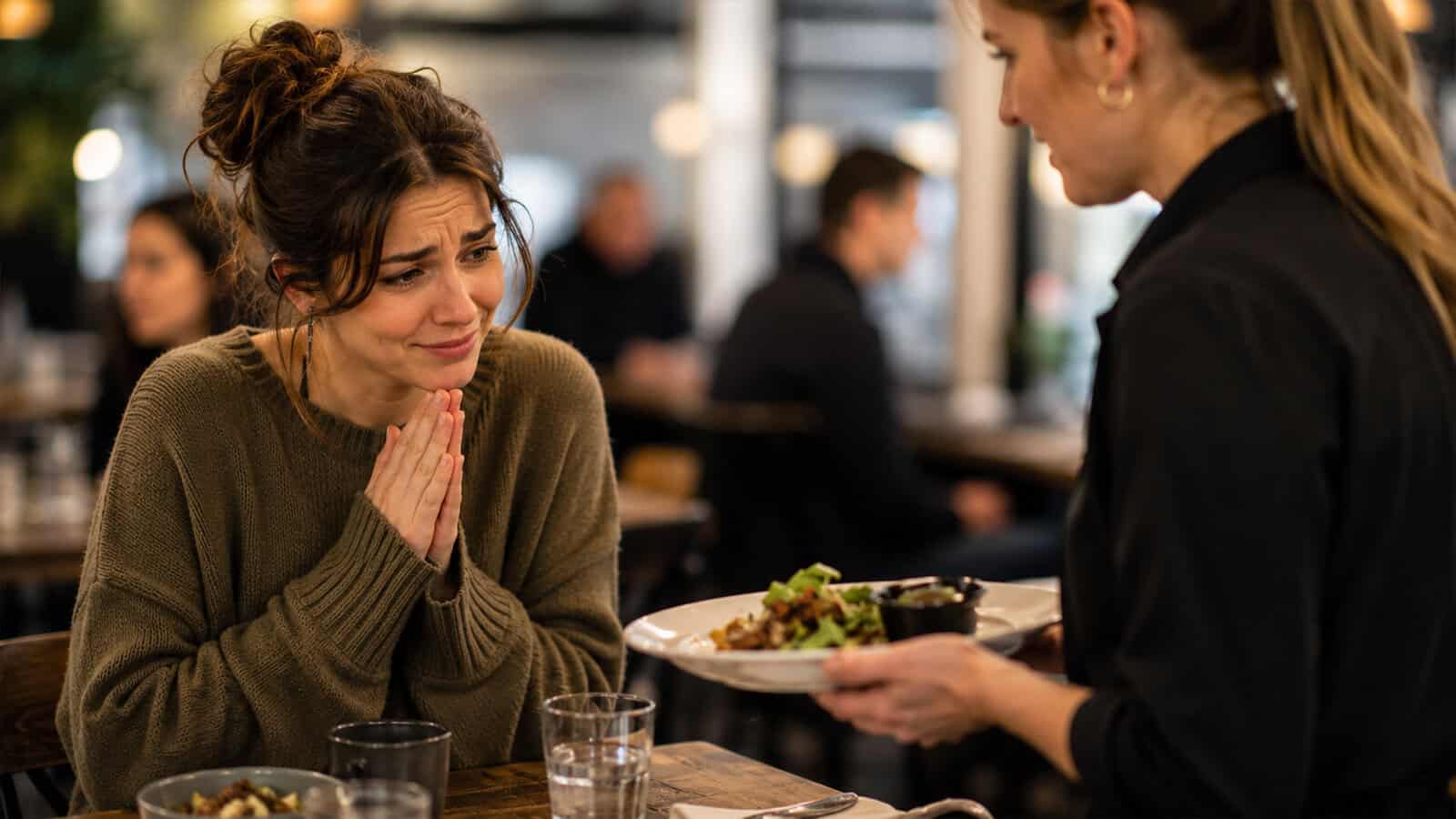 A woman sits at a restaurant table, looking anxiously at a server holding a plate of food. She clasps her hands together in a pleading gesture. Other diners are visible in the blurred background.