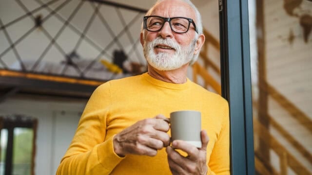 Smiling older man with white hair, beard, and glasses, wearing a yellow sweater, holds a mug and stands by a window in a cozy, modern loft-style home.