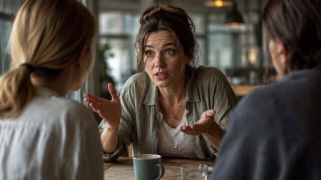 A woman gestures with her hands while talking to two people at a table in a café. She looks engaged and expressive. The setting is warmly lit with cups and glasses on the table.