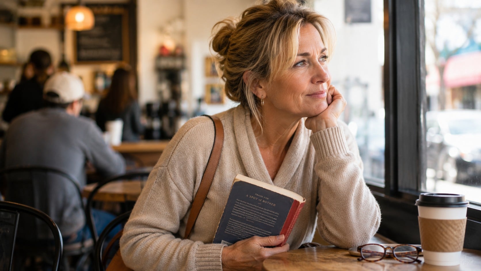 A woman sits at a cafe table holding a book and gazing thoughtfully out the window, with a coffee cup beside her.