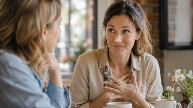 Two women sit at a table in a cozy cafe, talking. One woman faces the camera, smiling and holding her hands to her chest, appearing touched or grateful. The other woman is seen from behind.