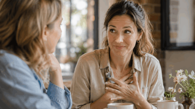 Two women sit at a table in a cozy cafe, talking. One woman faces the camera, smiling and holding her hands to her chest, appearing touched or grateful. The other woman is seen from behind.