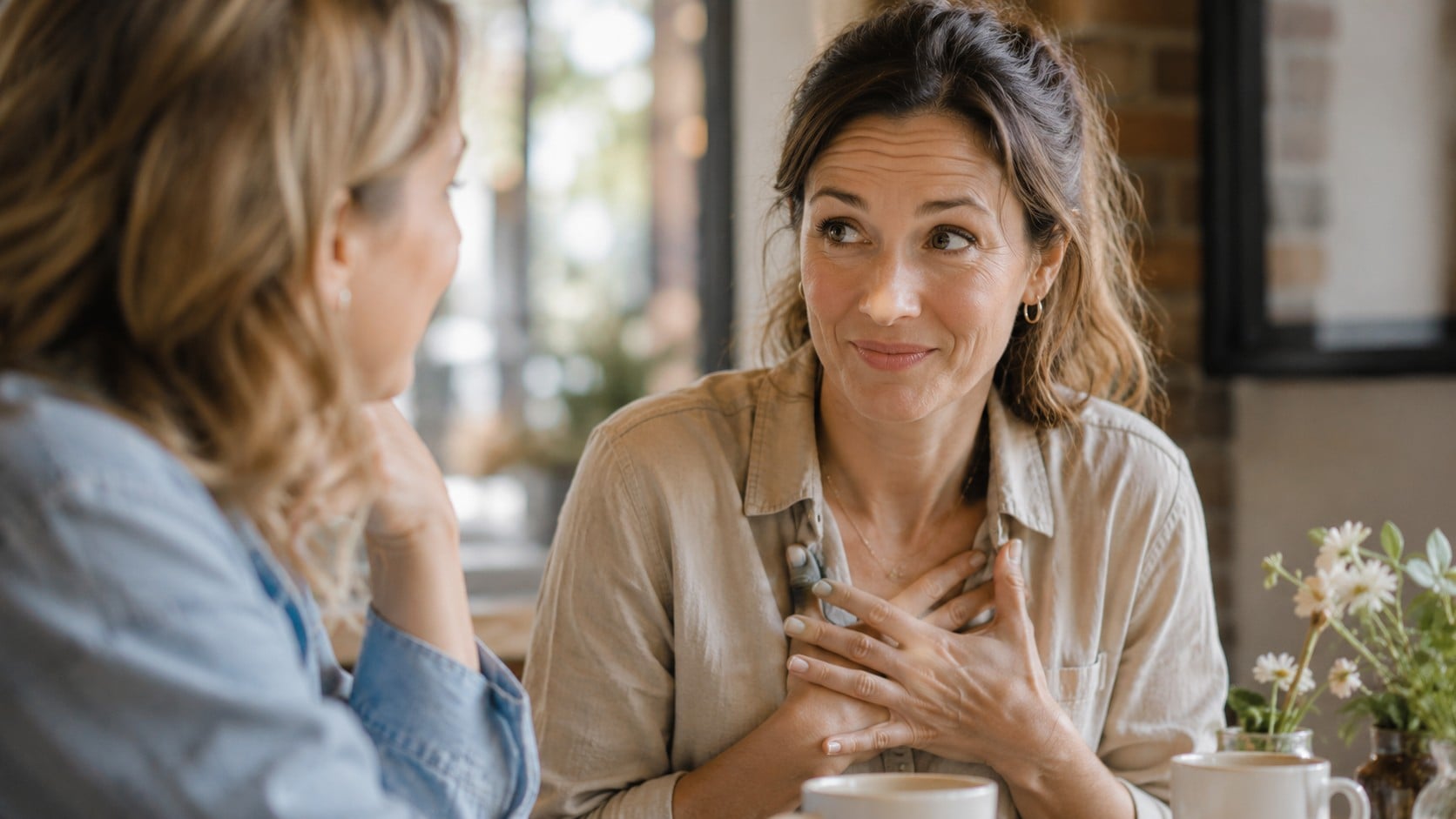 Two women sit at a table in a cozy cafe, talking. One woman faces the camera, smiling and holding her hands to her chest, appearing touched or grateful. The other woman is seen from behind.