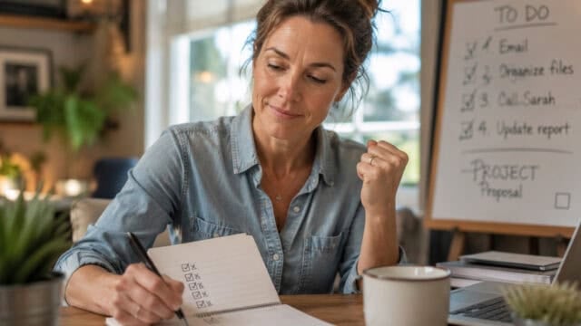 A woman sits at a table, writing in a notebook with a checklist, smiling and appearing focused. A coffee mug is beside her, and a to-do list on a whiteboard is visible in the background.