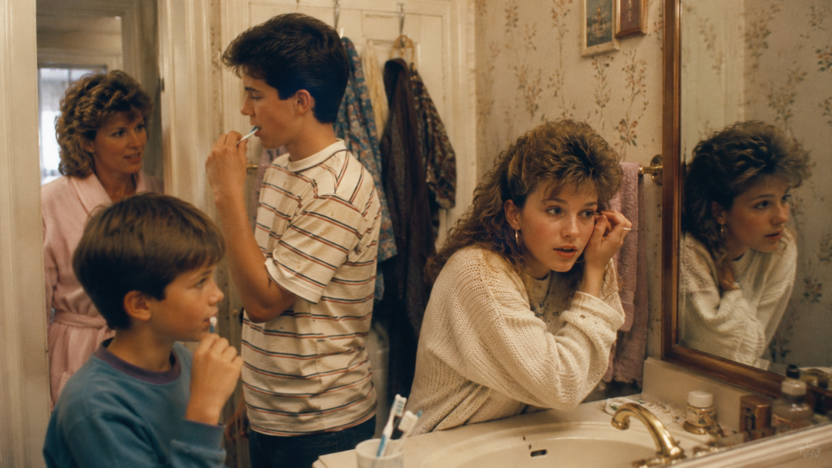 A woman and a boy stand by the bathroom door as a teen brushes his teeth. A teen girl in front of the mirror puts on an earring. The counter holds toiletries and the wallpaper features a floral pattern.