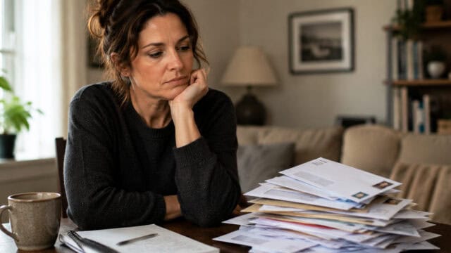 A woman sits at a table, looking concerned while staring at a large stack of mail and papers. A mug and a notepad are nearby, and the room appears cozy with a lamp, bookshelf, and framed photos in the background.